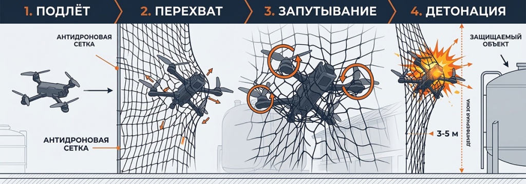 Принцип работы антидроновой сетки: дрон запутывается в ячейках