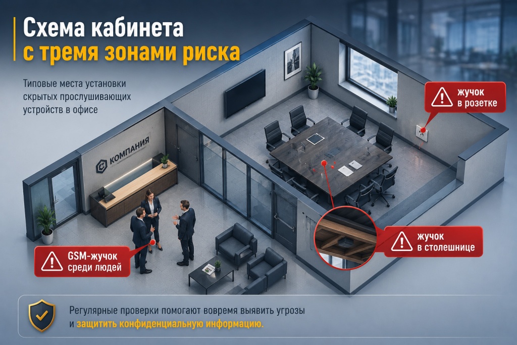 Схема кабинета с точками риска для установки жучков