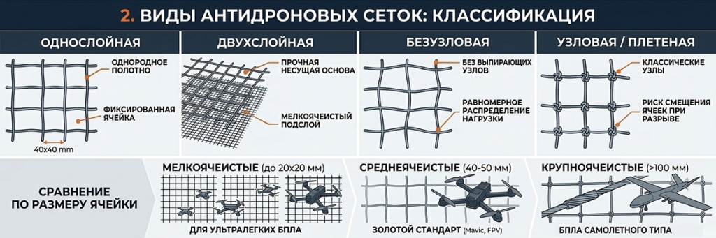 Основные виды антидроновых сеток по структуре и размеру ячейки