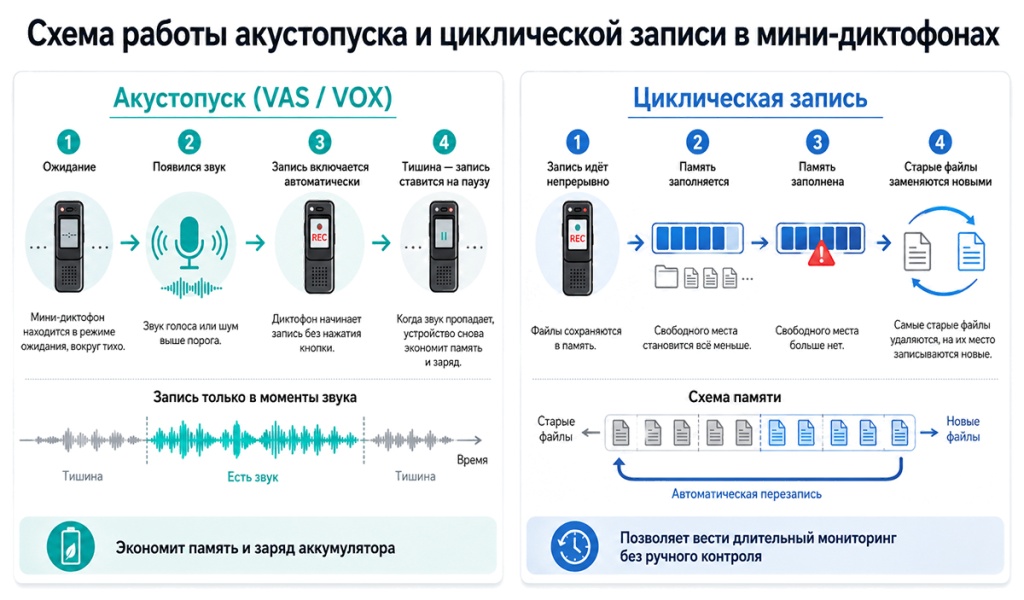 Ключевые функции профессиональных диктофонов: акустопуск и циклическая запись